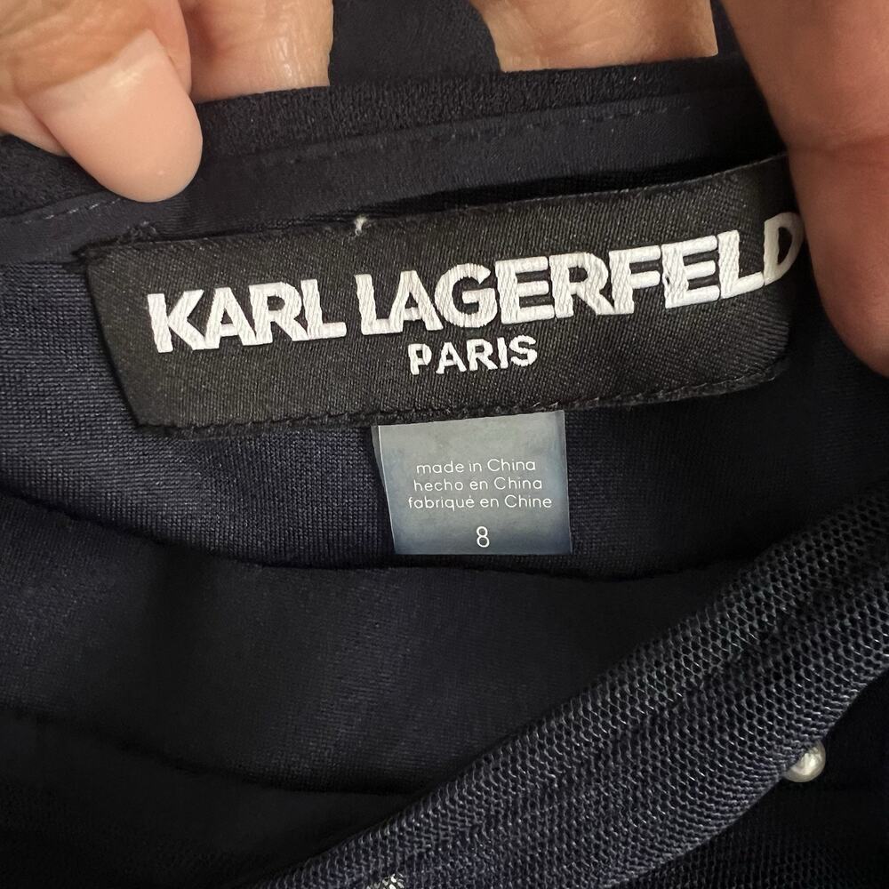 Karl Lagerfeld Cocktail Dress Ilussion Neckline Pearl Embellished Size 8 Blue - Picture 8 of 15